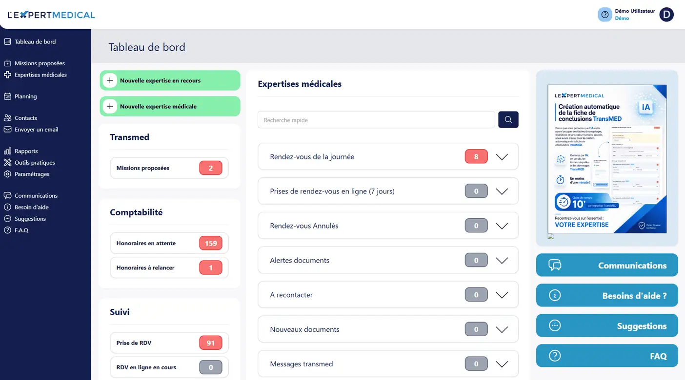 Interface L'Expert Judiciaire – tableau de bord de gestion d'expertise judiciaire